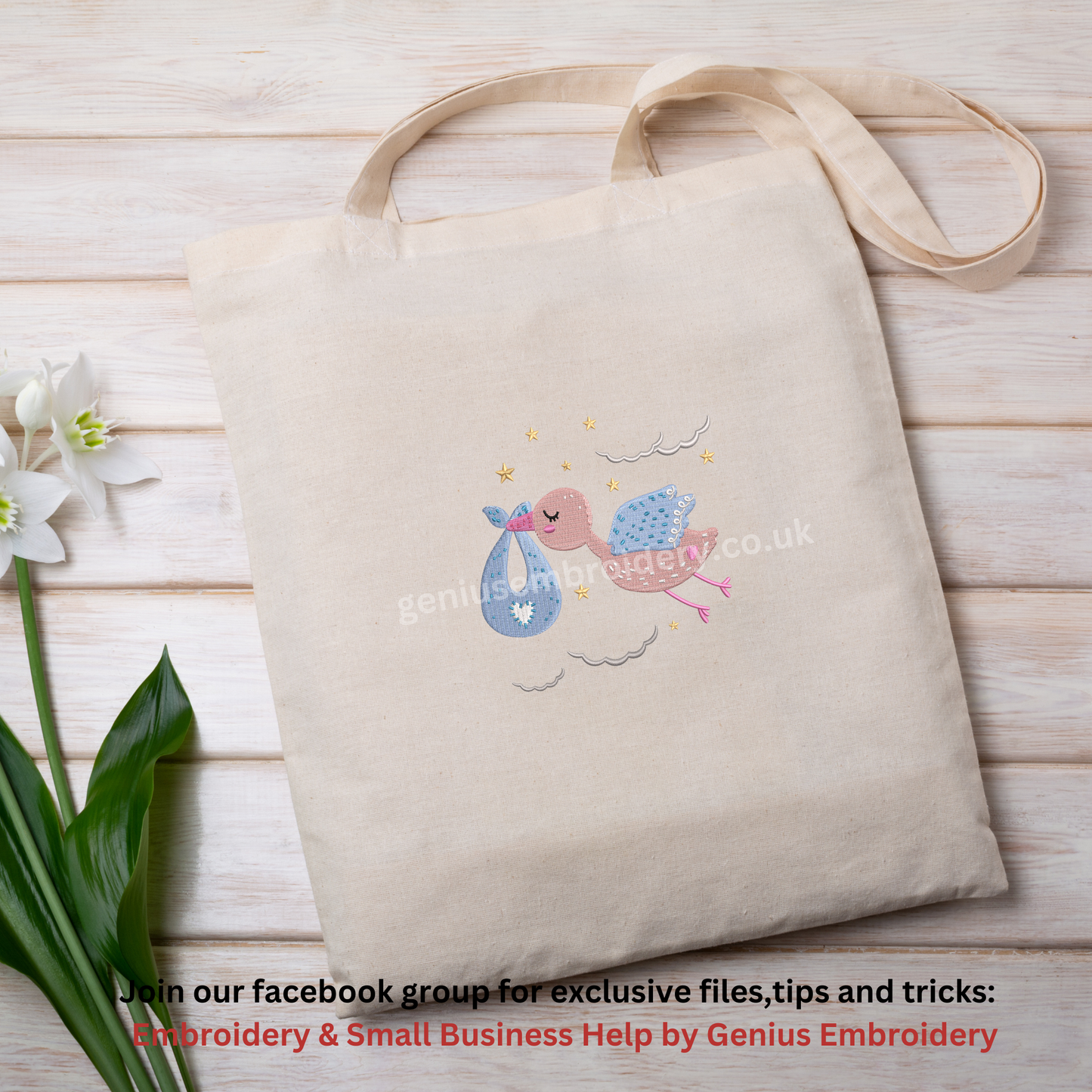 Stork Carrying Baby and Stars